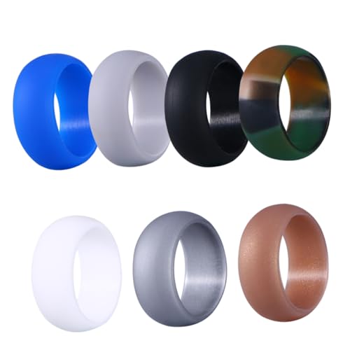KOMBIUDA 7 Stück Teiliges Silikon Herren Ehering Atmungsaktive Gummi Hochzeitsband in Camouflage Gold Silber Dunkelgrau Blau Ergonomisch und Langlebig für Geschwollene Finger von KOMBIUDA