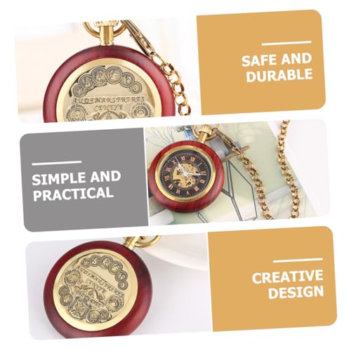 KOMBIUDA Antike Mechanische Taschenuhr mit Kette Rotkupfer Holzmaserung Römische Ziffern Robustes Glas Langlebige Unisex Uhr Herren Vintage Accessoire von KOMBIUDA