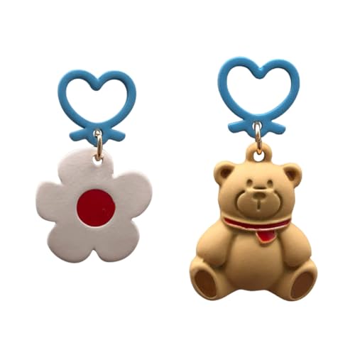KOMBIUDA Asymmetrische Ohrstecker Damen Cartoon Bär Blumen Muster Ohranhänger Kreatives Design Allergikerfreundlich Modisch Frühjahr Sommer Schmuck von KOMBIUDA