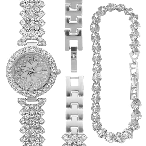 KOMBIUDA Damen Armbanduhr mit Quarzuhr und Funkelndem Strassbesatz Silbernes Schmuckarmband Kratzfestes Glas Elegante Uhr für Alltag und Geschenk Inkl Armband für Frauen von KOMBIUDA