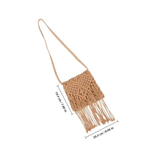 KOMBIUDA Damen Handtasche Boho Geknotet Kleine Schultertasche aus Baumwollseil mit Trendigen Quasten Handgewebte Strohtasche für Strand Reise und Sommer Bequeme Umhängetasche in Khaki von KOMBIUDA