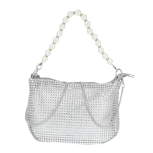 KOMBIUDA Damen Handtasche mit Funkelnden Strasssteinen und Perlen Clutch und Schultertasche Vielseitig Tragbar für Abendveranstaltungen Bankette und Cocktailpartys Silberfarben von KOMBIUDA