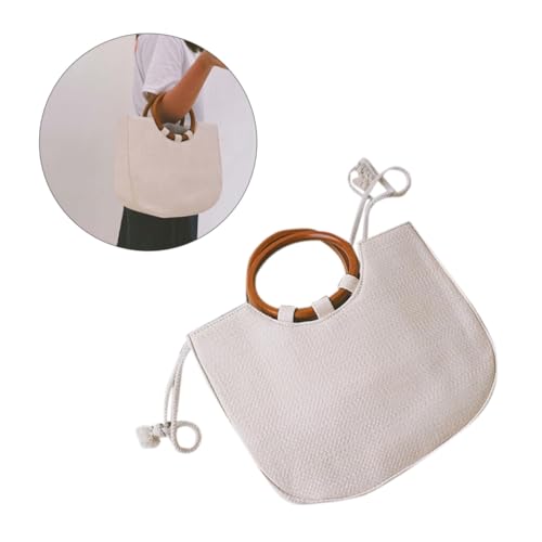 KOMBIUDA Damen Strohtasche mit Rundem Holzgriff Leichte Handgewebte Sommer Strand Tasche Einfache Tragbare Schultertasche Modische Weiße Handtasche für Reisen und Alltag von KOMBIUDA