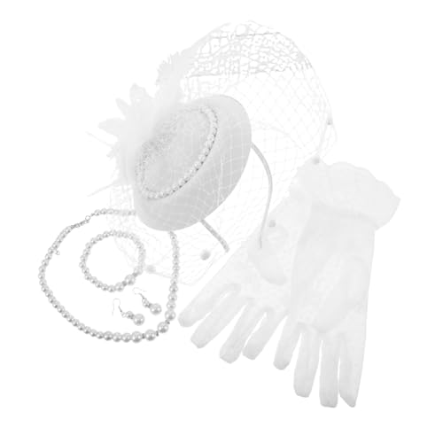 KOMBIUDA Damen Tea Party Weiß mit Spitzenhandschuhen Hut mit Schleier Perlenarmband und Halskette Elegantes Vintage-Kopfschmuck Hochzeit und Festliche Anlässe von KOMBIUDA