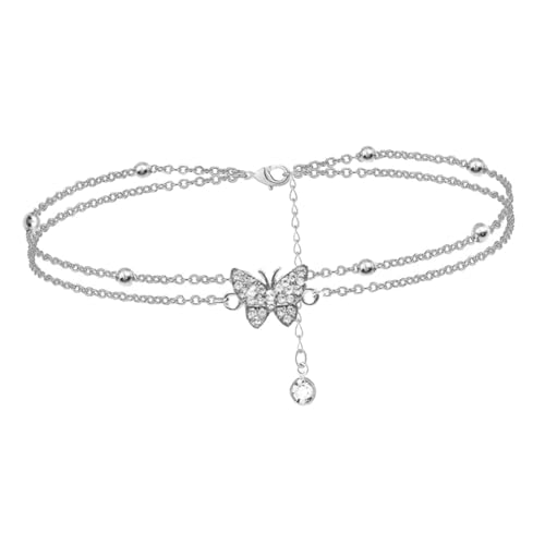 KOMBIUDA Delikates Zweilagiges Fußkettchen mit Funkelnden Strasssteinen und Schmetterlingsanhänger Sommerliches Damen Schmuckstück Verstellbare Stilvolle Fußkette für Frauen von KOMBIUDA