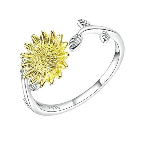 KOMBIUDA Eleganter Sonnenblumenring Damen Sterling Silber Offener Verstellbarer Fingerring Damen Schmuck Symbol für Wärme Liebe Treue Alltag Party von KOMBIUDA