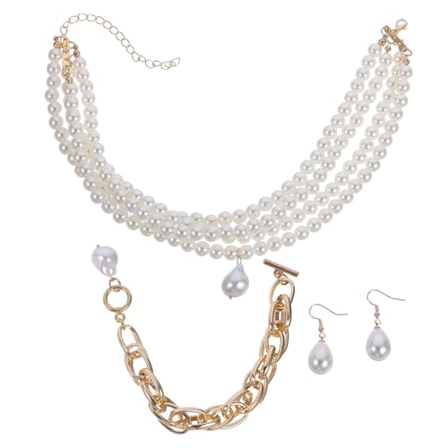 KOMBIUDA Elegantes Perlen Schmuckset Damen Brautschmuck mit Mehrlagiger Halskette Armband und Ohrringen aus Robustem Legierungs Material Geeignet für Hochzeit Party und Festliche Anlässe von KOMBIUDA