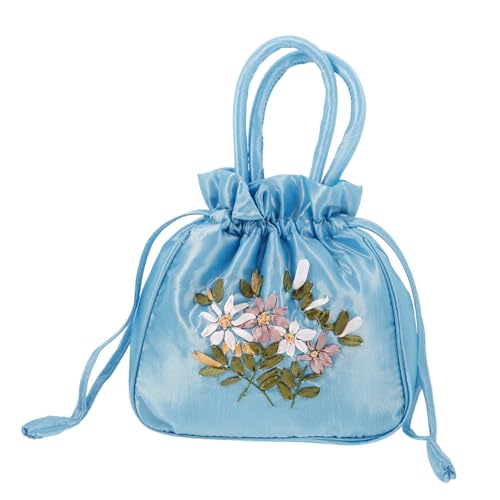 KOMBIUDA Ethnische Bestickte Handtasche Damen Stoffbeutel mit Kordelzug Langlebige Tragbare Kleine Umhängetasche für Reisen Alltag Party Modische Praktische Damen Tasche in See Blau von KOMBIUDA