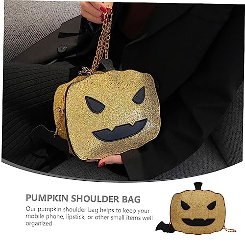 KOMBIUDA Glitzernde Kürbis Schultertasche Damen Halloween Umhängetasche mit Pailletten Kompakt Vielseitig Tragbar für Party Shopping Strand Einzigartiges Kürbisdesign Goldfarben Handtasche von KOMBIUDA
