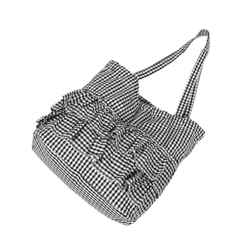 KOMBIUDA Große Karierte Canvas Tote Bag Damen Schultertasche Raffung Details Robuste Leichte Einkaufstasche Viel Stauraum Für Alltag Urlaub Schwarz von KOMBIUDA