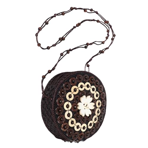 KOMBIUDA Handgewebte Ethno-umhängetasche aus Kokosnussschale Boho Häkel Crossbody Bag für Mädchen mit Fächern für Handy Kosmetik Ohrhörer und Karten Leichter Natürlicher Schulterbeutel von KOMBIUDA