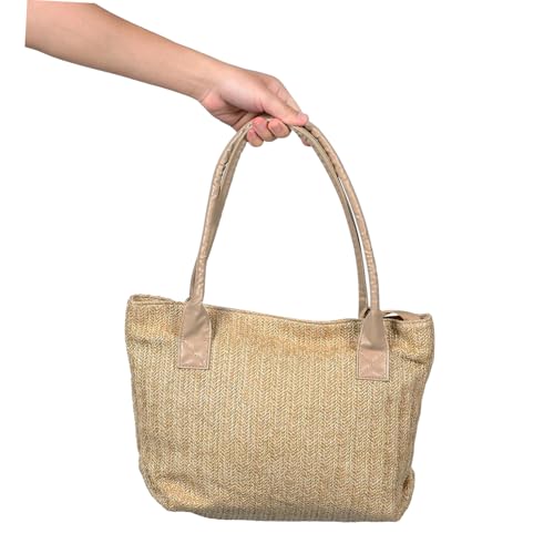KOMBIUDA Handgewebte Strohtasche Damen Tote Bag Große Handgefertigte Strand und Alltagstasche in Khaki Leicht Vielseitig für Freizeit Urlaub und Büro Geeignet von KOMBIUDA