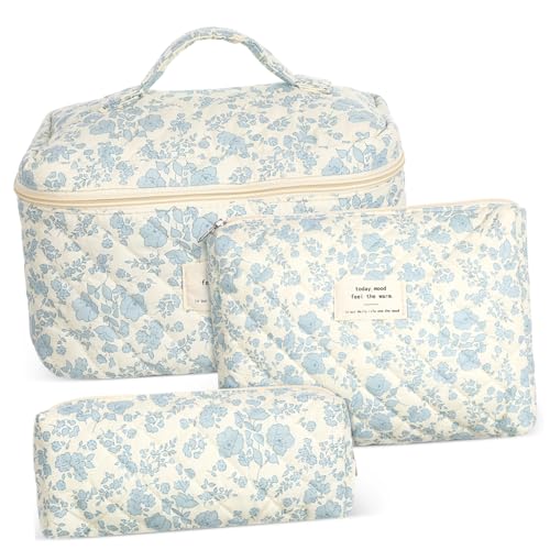 KOMBIUDA Kosmetiktasche Ästhetischer Make-up Organizer Mit Reißverschluss Multifunktionale Kosmetik Hautpflege-Taschen Für Reisen Und Alltag in Weiß Mit Blumenmuster von KOMBIUDA