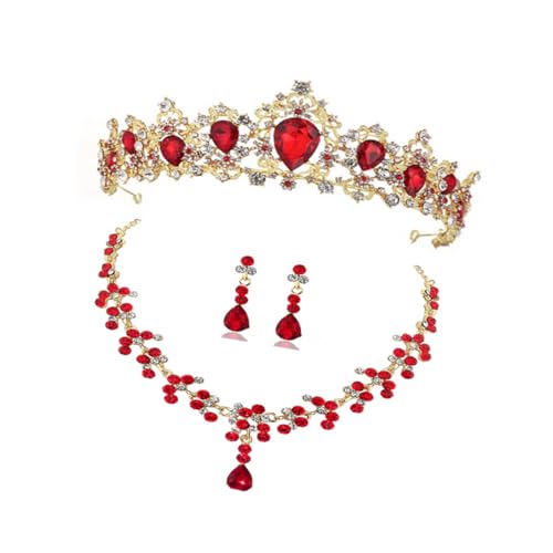 KOMBIUDA Hochwertiges Brautschmuck Set aus Funkelnden Strasssteinen Bestehend aus Krone Halskette und Ohrringen Elegantes Party und Hochzeits Accessoire für Damen in Rot von KOMBIUDA