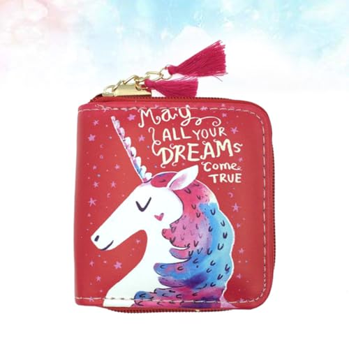 KOMBIUDA PU Zipper Geldbörse mit Cartoon Einhorn Motiv Leichte Kurze Damenbörse für Mädchen Reißverschlossener Geldbeutel Kompakt und Robust für Schule und Alltag Rot von KOMBIUDA