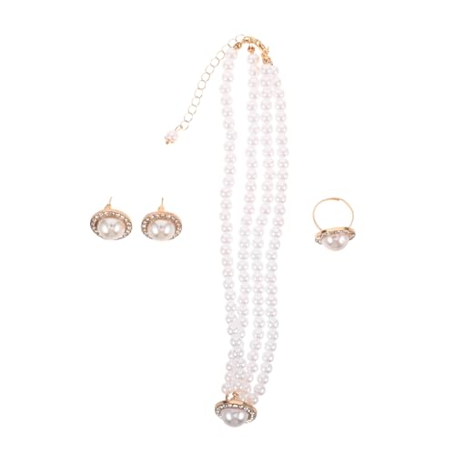 KOMBIUDA Perlen Schmuckset Damen Vintage Stil mit Imitationsperlen und Strass Mehrlagige Halskette Ohrringe Ring Langlebig und Glänzend für Hochzeit Formelle Anlässe und Alltag von KOMBIUDA