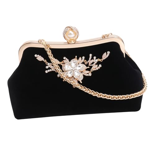 KOMBIUDA Plüsch Abendtasche Damen mit Strasssteinen Stilvolle Banquet Clutch Handtasche mit Kette Vielseitige Party Umhängetasche Schwarze Brauttasche für Festliche Anlässe von KOMBIUDA