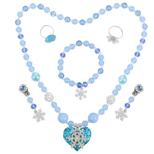 KOMBIUDA Schmuckset Prinzessin Imitationsperlen Halskette Armband Ohrringe mit Schneeflockenmotiv Blau Fünf teiliges Set für Geburtstag Party Alltag von KOMBIUDA