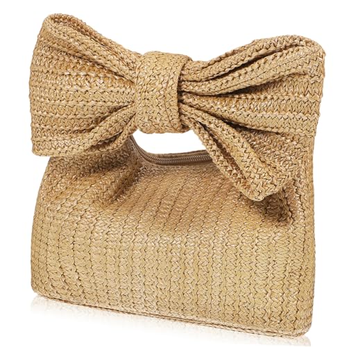 KOMBIUDA Straw Clutch mit Schleife Damen Handtasche aus Gewebtem Stroh Sommer Strandtasche Leicht Geräumig Robust für Alltag und Urlaub in Khaki von KOMBIUDA