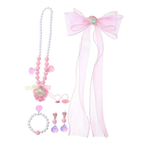 KOMBIUDA Teiliges Schmuckset Meerjungfrau Prinzessin mit Schleifen Haarclips Muschel Halskette Perlen Armband und Ring Leichtes Sicheres Accessoire für Mädchen Geburtstag Party Feiertage von KOMBIUDA