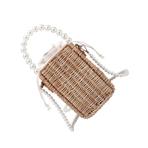 KOMBIUDA Woven Umhängetasche Damen Rattan Strandtasche mit Perlenriemen Handtasche für Shopping und Alltag Vielseitige Tragbare Schultertasche in Khaki für Urlaub und Freizeit von KOMBIUDA