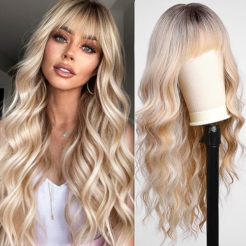 KOME Blonde Ombré-Perücke mit Pony, lange lockige Perücke für Damen, blond, lang, gewellt, Kunsthaar-Perücke für Party, Cosplay, den täglichen Gebrauch, 61 cm KOME Blonde Ombré-Perücke mit Pony, lange lockige Perücke für Damen, blond, lang, gewellt, Kunsthaar-Perücke für Party, Cosplay, den täglichen Gebrauch, 61 cm von KOME