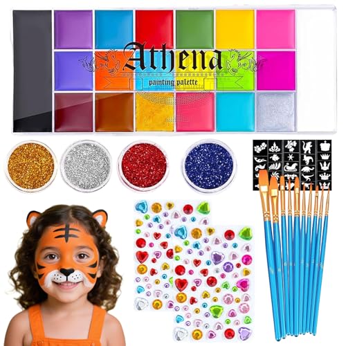 KOMEIYL Kinderschminken Set, 20 Farben Gesichtsfarben, Wasserfarbe Fuer Gesicht mit 4 Glitzer, Berufs Pinseln und 2 Diamant-Sticker, 10 Wiederverwendbare Gesichtsfarbe Schablonen, Gilt Halloween von KOMEIYL