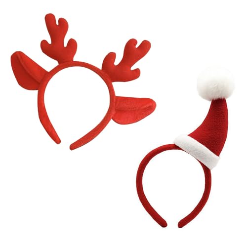 KOMUNJ 2 Stück Weihnachts-Accessoire, Haarspangen Mädchen Weihnachten, Weihnachts Kopfschmuck für Kinder,Mädchen,Damen(Geweih + Hut) von KOMUNJ