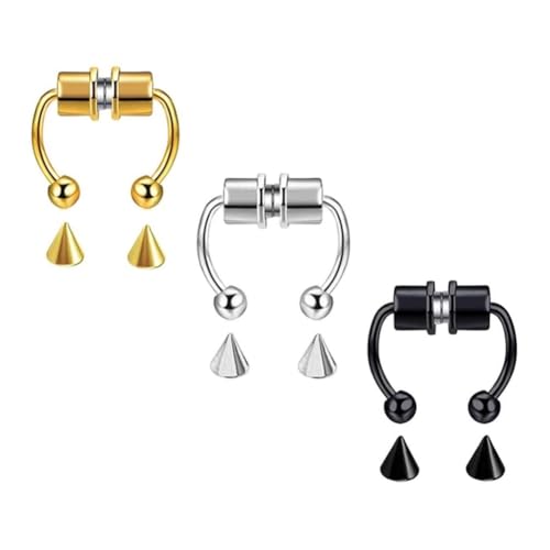 KOMUNJ Hufeisen Fake Nasenring, Magnettrenner Nasenring, Wiederverwendbare Mode Edelstahl Nasenring, für Frauen Männer Faux Piercing Schmuck(3 Stück, Gold, Silber, Schwarz) von KOMUNJ