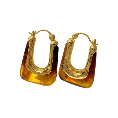 KONFEN 18K Ohrringe Creolen, U-Form Chunky Ohringen Gold mit Resin für Damen, Ohrring Hoop Earrings Ohr Creolen Ohringe Oringe Hypoallergen Geometric Ohrmuschel Schmuck für Mädchen (Bernstein) von KONFEN