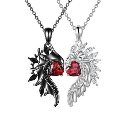 KONFEN 2PCS Pärchen Anhänger Halskette Set, Edelstahl Engelsflügel Anhänger mit Cubic Zirkonia Edelstein, Punk Gothic Halsketten mit Verstellbaren Legierung Anhänger Kette Geschenke für Liebhaber von KONFEN