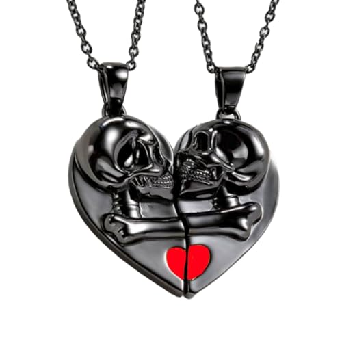 KONFEN 2PCS Pärchen Anhänger Halskette Set, Magnetisches Edelstahl Schädel Totenkopf Anhänger Halskette, Punk Gothic Halsketten mit Verstellbaren Legierung Anhänger Kette Geschenke für Liebhaber von KONFEN