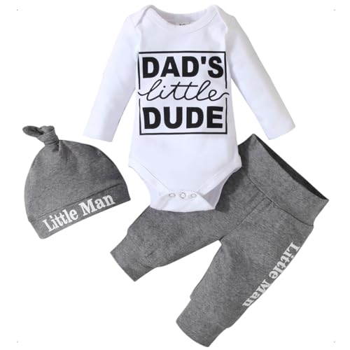 KONFEN Baby Jungen Kleidung Outfit, Langarm Body Strampler + Hose + Mütze 3 Stücke Set, Dad's Little Dude Neugeborene Kleinkinder Outfit 3 tlg Babykleidung Set für 0-3 Monate von KONFEN