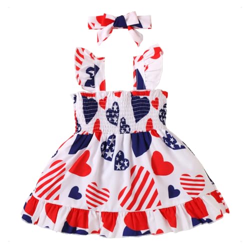 KONFEN Baby Kleidung Mädchen Kleid - Ärmellos Kleider Herzmuster mit Streifen und Stern+ Stirnband 2tlg, Herz Kleid Babykleidung Set Bekleidungssets Sommer Frühling Herbst für 2-3 Jahre (Rot) von KONFEN