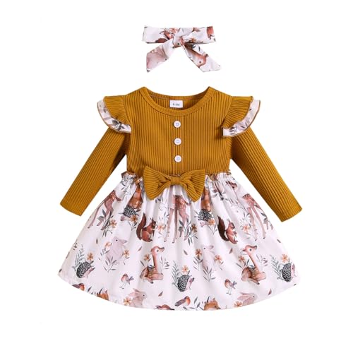 KONFEN Baby Kleidung Mädchen Kleid - Rüschen Langarm Kleider mit Schleife + Stirnband 2tlg, Gerippte Kleid Babykleidung Set Bekleidungssets Frühling Herbst Winter für 2-3 Jahre (Tier Muster) von KONFEN