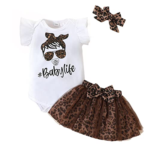 KONFEN Baby Kleidung Mädchen Sommer Outfit, T-Shirt Rüschen Kurzarm Top + Leopardenmuster Netz Rock + Stirnband 3tlg Neugeborenen Set Bekleidungsset Babykleidung Set für 12-18 Monate von KONFEN