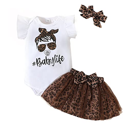KONFEN Baby Kleidung Mädchen Sommer Outfit, T-Shirt Rüschen Kurzarm Top + Leopardenmuster Netz Rock + Stirnband 3tlg Neugeborenen Set Bekleidungsset Babykleidung Set für 6-9 Monate von KONFEN