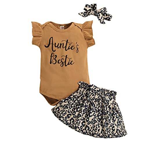 KONFEN Baby Kleidung Mädchen Sommer Outfit, T-Shirt Rüschen Kurzarm Top + Leopardenmuster Rock + Stirnband 3tlg Neugeborenen Set Bekleidungsset Babykleidung Set für 12-18 Monate von KONFEN