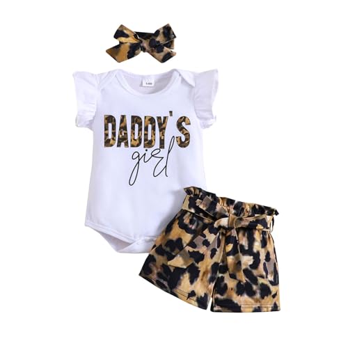 KONFEN Baby Kleidung Mädchen Sommer Outfit, T-Shirt Rüschen Kurzarm Top + Leopardenmuster Shorts + Stirnband + Hüftgürtel 4tlg Neugeborenen Set Bekleidungsset Babykleidung Set für 3-6 Monate von KONFEN