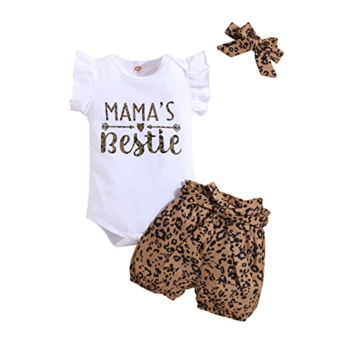 KONFEN Baby Kleidung Mädchen Sommer Outfit, T-Shirt Rüschen Kurzarm Top + Leopardenmuster Shorts + Stirnband 3tlg Neugeborenen Set Bekleidungsset Babykleidung Set für 0-3 Monate von KONFEN