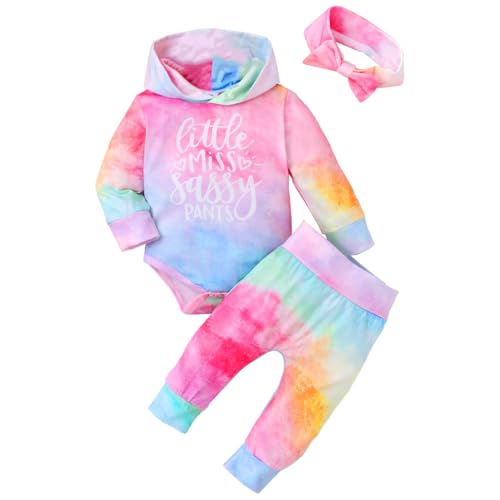 KONFEN Baby Mädchen Kleidung Outfit, Tie-dye Langarm Body Kapuzenpullover Top + Hose + Stirnband 3 Stücke Set, Neugeborene T-Shirt Sweatshirt Hose Outfit Babykleidung Set Rosa und Blau für 3-6 Monate von KONFEN