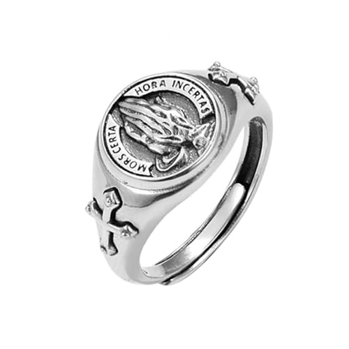 KONFEN Betende Hände Herren Ring, Wikinger Verstellbare Geschnitzte Ringe für Männer Hypoallergenes Material, Kreuz Vintage Hip Pop Gothic Punk Klassisch Einzigartige Textur Herrenschmuck, Silber von KONFEN