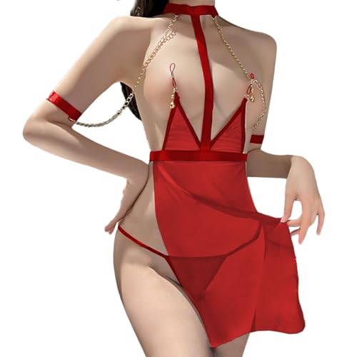 KONFEN Damen Erotik Dessous Set, Sexy Kette Nippel Clips Glocken Transparente Spitze Strappy Nachtwäsche-Sets, Verführerische SM Unterwäsche Open-Crotch BH und Slip Set, Einheitsgröße(SCHWARZ/ROT) KONFEN Damen Erotik Dessous Set, Sexy Kette Nippel Clips Glocken Transparente Spitze Strappy Nachtwäsche-Sets, Verführerische SM Unterwäsche Open-Crotch BH und Slip Set, Einheitsgröße(SCHWARZ/ROT) von KONFEN