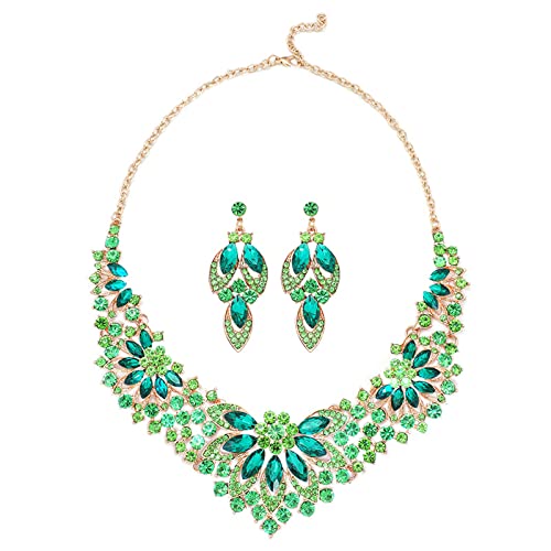 KONFEN Damen Hochzeit Schmuckset - Kristall Halskette und Ohrringe Set Braut Brautjungfer Kostüm Schmuck-Set für Frauen und Mädchen (Grün) von KONFEN