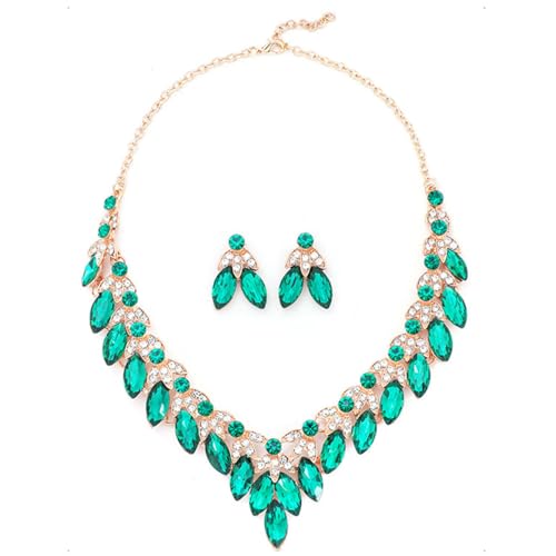 KONFEN Damen Hochzeit Schmuckset, Strass Kristall Blatt Halskette und Ohrringe Set, Hochzeitsschmuck Braut Brautjungfer Kostüm Schmuck Set Hohzeitschmuk für Frauen und Mädchen (Grün) von KONFEN