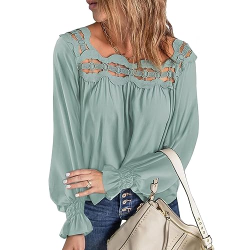 KONFEN Damen Langarm Oberteile Tshirt, Viereckiger Ausschnitt Langarmshirt Ausgeschnittener Ausschnitt mit Rüschen Ärmel, Casual Halsausschnitt Shirts Top Elegant Herbst Winter Lockeres Hemd, Grün M von KONFEN