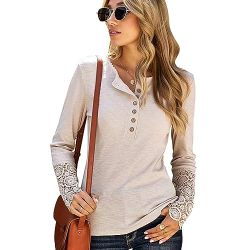 KONFEN Damen Langarm Rundhals Oberteile, Knopfleiste Top Langarmshirt Bluse aus Geripptem Stoff mit Spitzenbündchen, Casual Shirts Top Herbst Winter Einfarbig Lockeres Hemd, Ahlisudy M von KONFEN