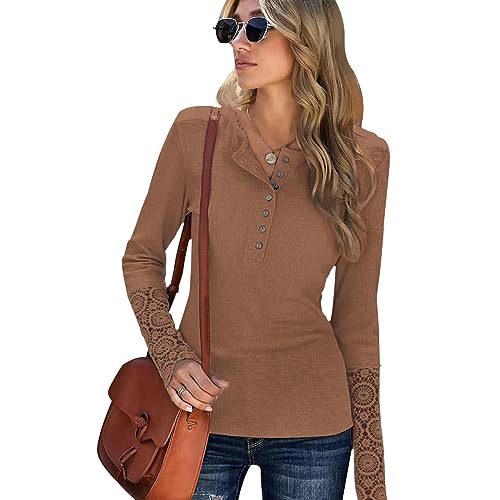 KONFEN Damen Langarm Rundhals Oberteile, Knopfleiste Top Langarmshirt Bluse aus Geripptem Stoff mit Spitzenbündchen, Casual Shirts Top Herbst Winter Einfarbig Lockeres Hemd, Braun L von KONFEN