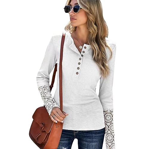 KONFEN Damen Langarm Rundhals Oberteile, Knopfleiste Top Langarmshirt Bluse aus Geripptem Stoff mit Spitzenbündchen, Casual Shirts Top Herbst Winter Einfarbig Lockeres Hemd, Weiß XL von KONFEN