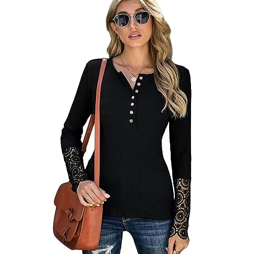 KONFEN Damen Langarm Rundhals Oberteile, Knopfleiste Top Langarmshirt Bluse aus Geripptem Stoff mit Spitzenbündchen, Casual Shirts Top Herbst Winter Einfarbig Lockeres Hemd für Frauen, Schwarz L von KONFEN